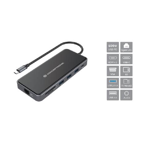 CONCEPTRONIC DONN15G - DOCKING STATION 12-IN-1 USB-C (M) 3.2 / HDMI, VGA, USB-C DATA, USB 3.0, USB 2.0, SD, TF/MICROSD, AUDIO, GBE, 100W USB PD