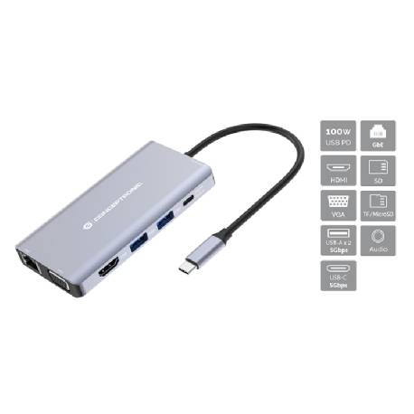 CONCEPTRONIC DONN20G - DOCKING STATION 10-IN-1 USB-C (M) 3.2 / HDMI, VGA, USB-A 5GBPS, USB-C 5GBPS, SD, TF/MICROSD, AUDIO, GBE, 100W USB PD