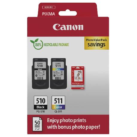 CARTUCCIA ORIGINALE CANON PG-510 + CL-511 + 50 FOGLI CARTA FOTOGRAFICA 2970B017