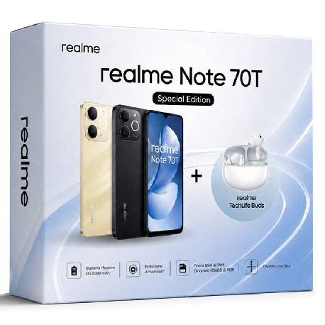 REALME NOTE 70T (OBSIDIAN BLACK) - SMARTPHONE 6.74" - RAM 4GB - STORAGE 256GB + REALME TECHLIFE BUDS